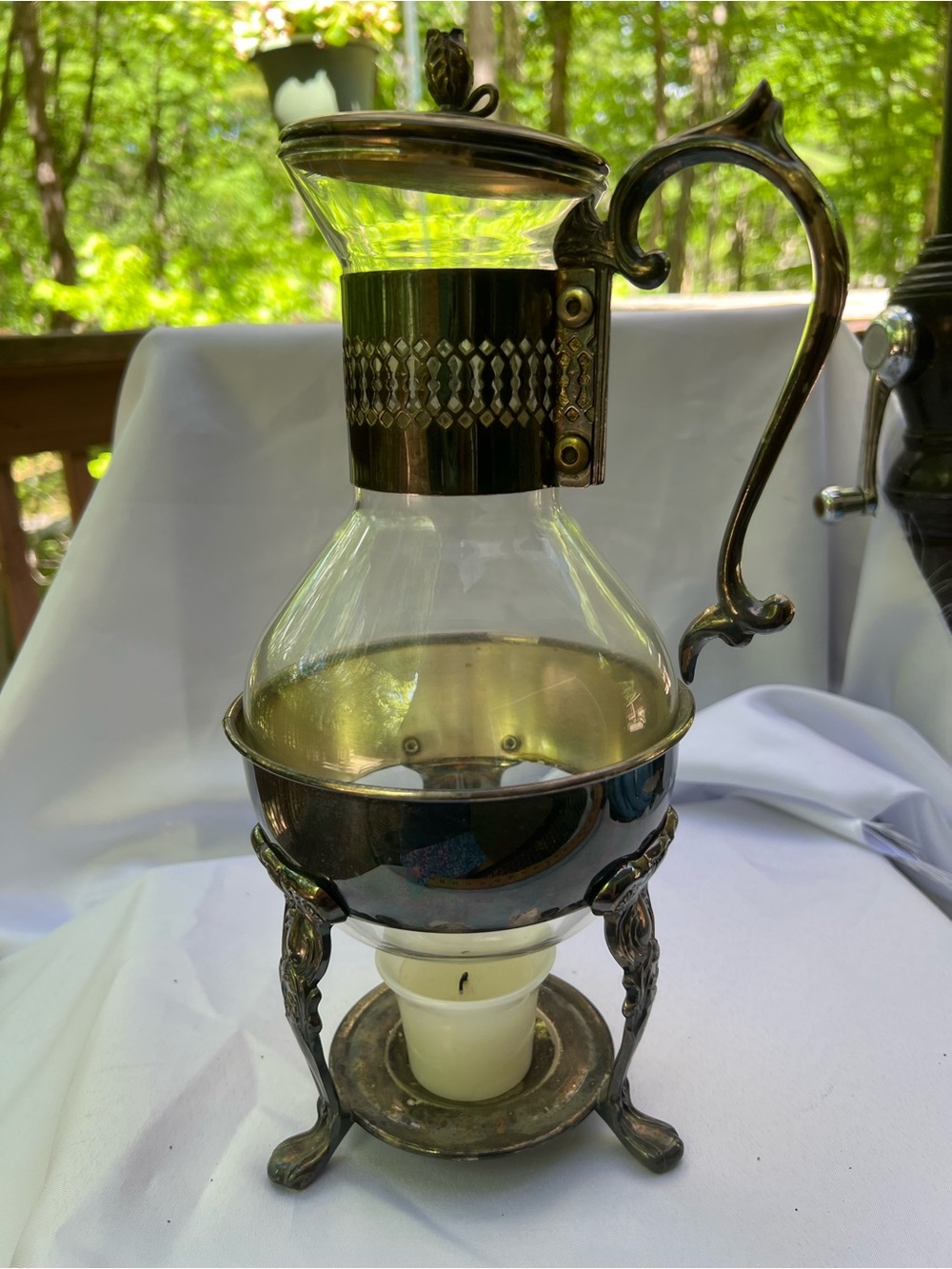vintage silver-plated coffee /tea carafe with a glass body, warming stand & lid